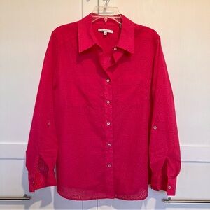 Foxcroft Collared Front Button Adjustable Sleeve Fuchsia Shirt, 14W